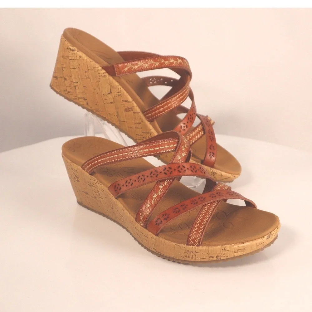 Skechers Cali Luxe Foam Wedge Sandals leather tangerine Size 7.5